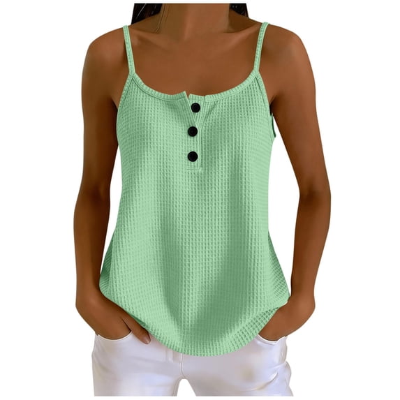 Qiopertar Womens Tank Tops Button Down Spaghetti Strap Square Neck Sleeveless Casual Loose Summer Tops, Green M