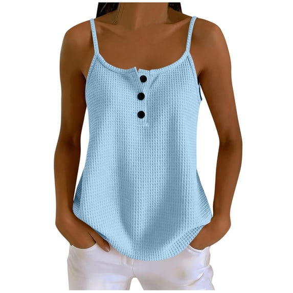Qiopertar Womens Tank Tops Button Down Spaghetti Strap Square Neck Sleeveless Casual Loose Summer Tops, Light Blue M