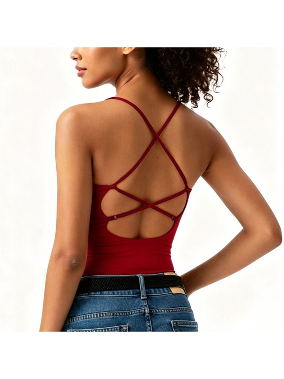 Womens Tank Tops Strappy Open Back Hollow Out Racerback Sleeveless Solid Casual Workout Slim Crop Camisole Red XXL