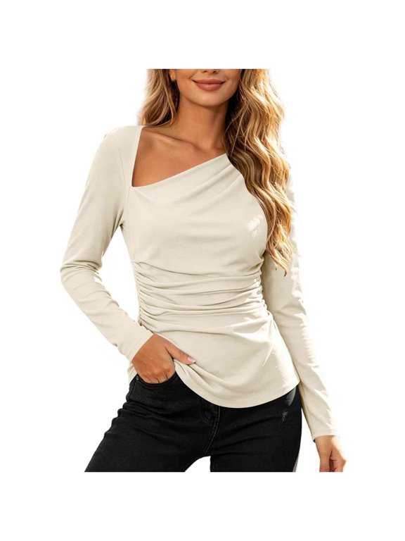 Womens Tops Ruched Asymmetric Long Sleeve V Neck Slim Fitted Casual Fashion Tunic Blouse, Beige L