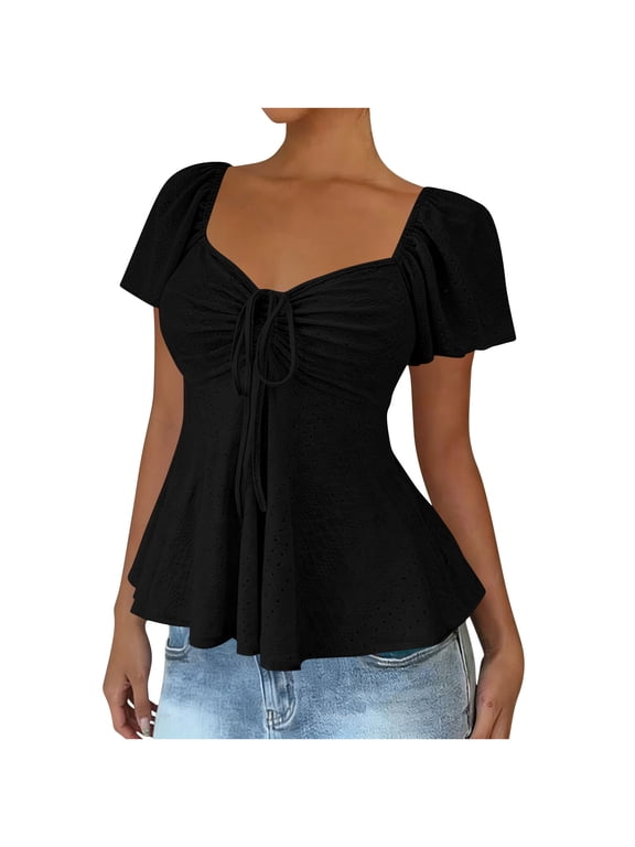 Womens Tops Square Neck Short Sleeve Puff Sleeve Tie Front Eyelet Ruched Smocked Curved Hem Flowey Casual Summer Blouses Black L