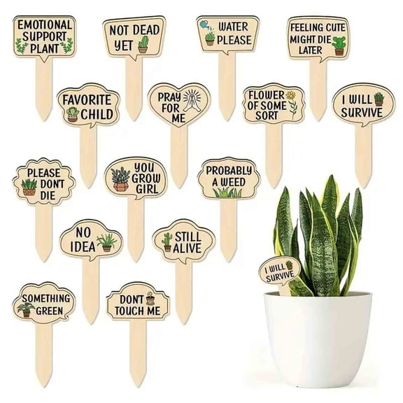 Qiopertar Wooden Insert Tags 15 Pcs, Humorous Plants Markers with Funny Quotes, Garden Potting Labels for Indoor Outdoor Plants