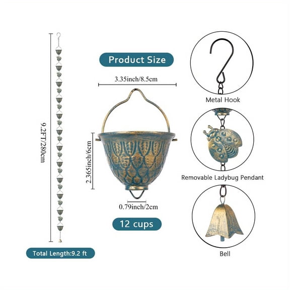 Qipade 9.2ft Metal Rain Chain - 12 Cup Adjustable Gutter Drain with Detachable Ladybugs & Bell - Decorative Downspout Replacement for Garden Watering