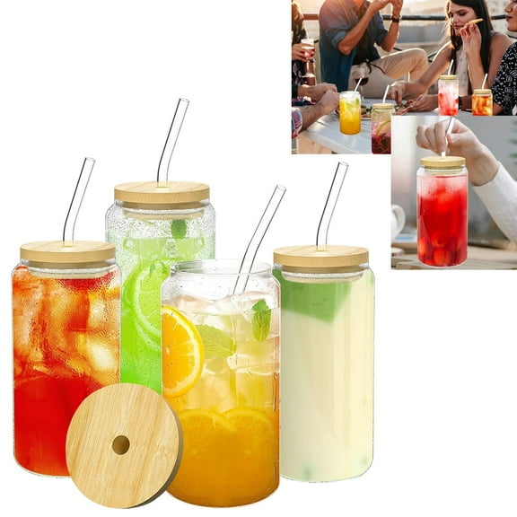 Qishi 16 oz Beer and Beverage Glass Straws, Great for Home Use, with Clear Bamboo Lids (Set of 4)