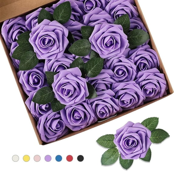 Somnr Artificial Roses - for Weddings, Home Decor, DIY Bouquets, Purple (25 Pack)