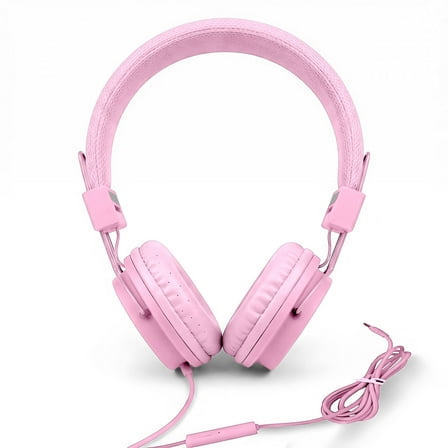 Qishi over Ear Foldable Headset, 3.5mm Noise Protection Ear Headphones for Boys Girls, Kids Wired Earphone Suitable for Cellphone Computer Tablet Pink