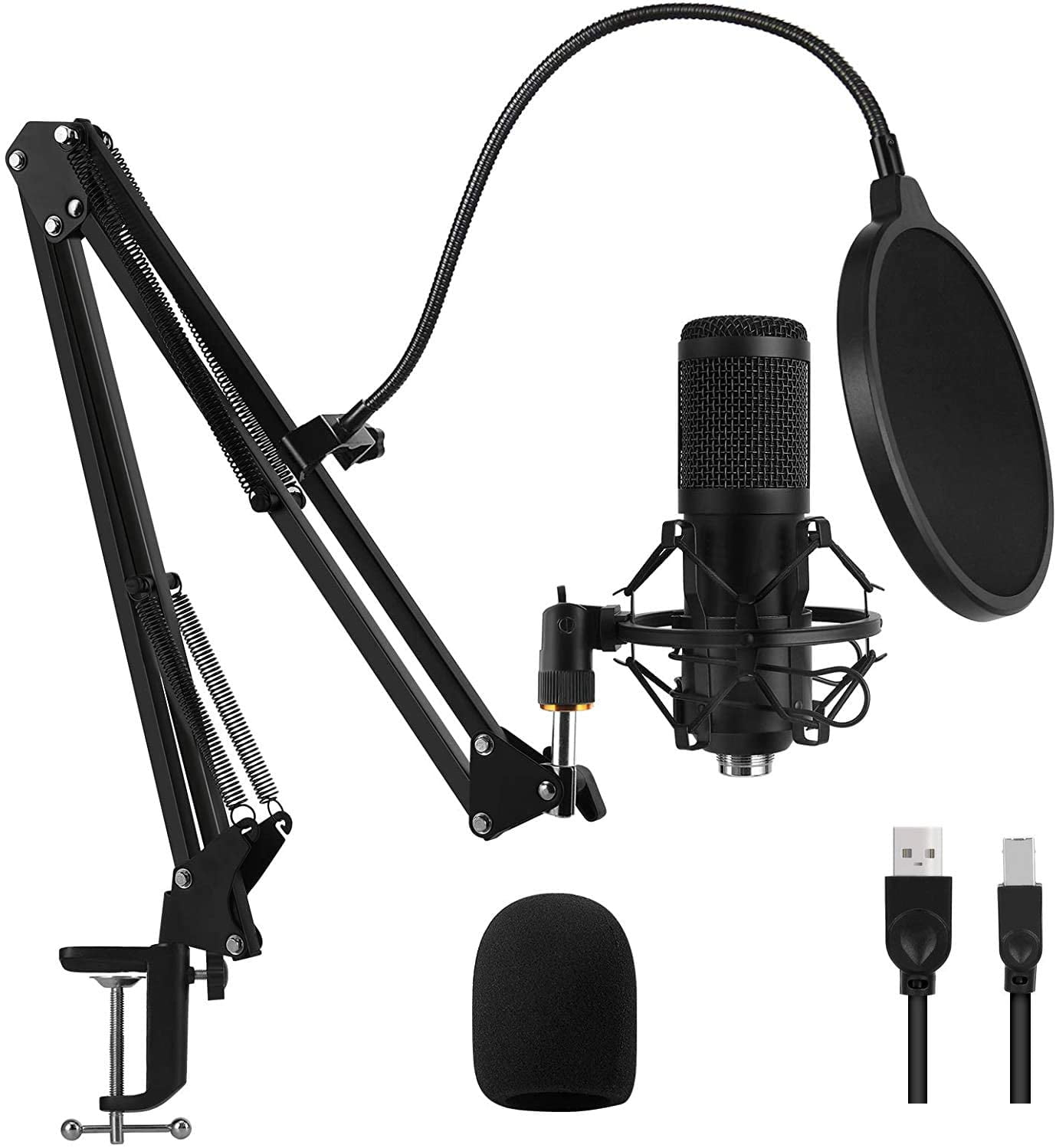 Qishi USB Gaming Microphone Streaming Podcast PC Microphone Condenser Mic Kit with Flexible Arm for Skype Youtuber Gaming Recording Singing PS4 Computer Studio Laptop