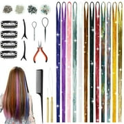 Qissep 12 Colors 48 inch Glitter Hair Tinsel Kit,Tinsel Hair Extensions with Tools,for Women Hair Accessories ﻿
