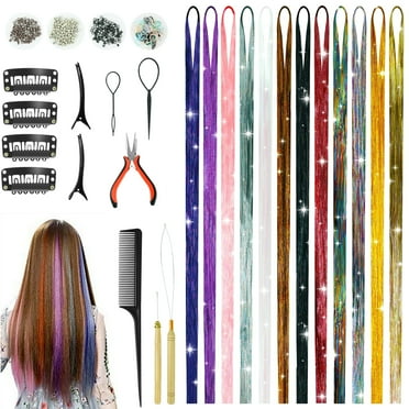 Qissep 12 Colors 48 inch Glitter Hair Tinsel Kit,Tinsel Hair Extensions with Tools,for Women Hair Accessories  ﻿