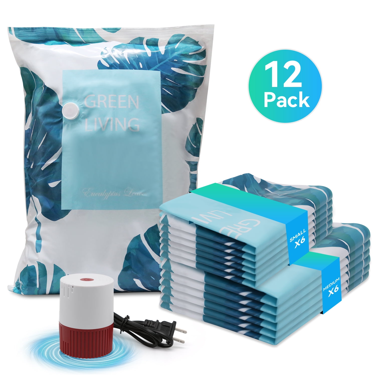 Qissep 12 Pcs Vacuum Storage Bags with Electric Pump,Space Saver Bags(6 Medium/6 Small) Vacuum Seal Bags for Clothing,Toys,Pillows and Travel