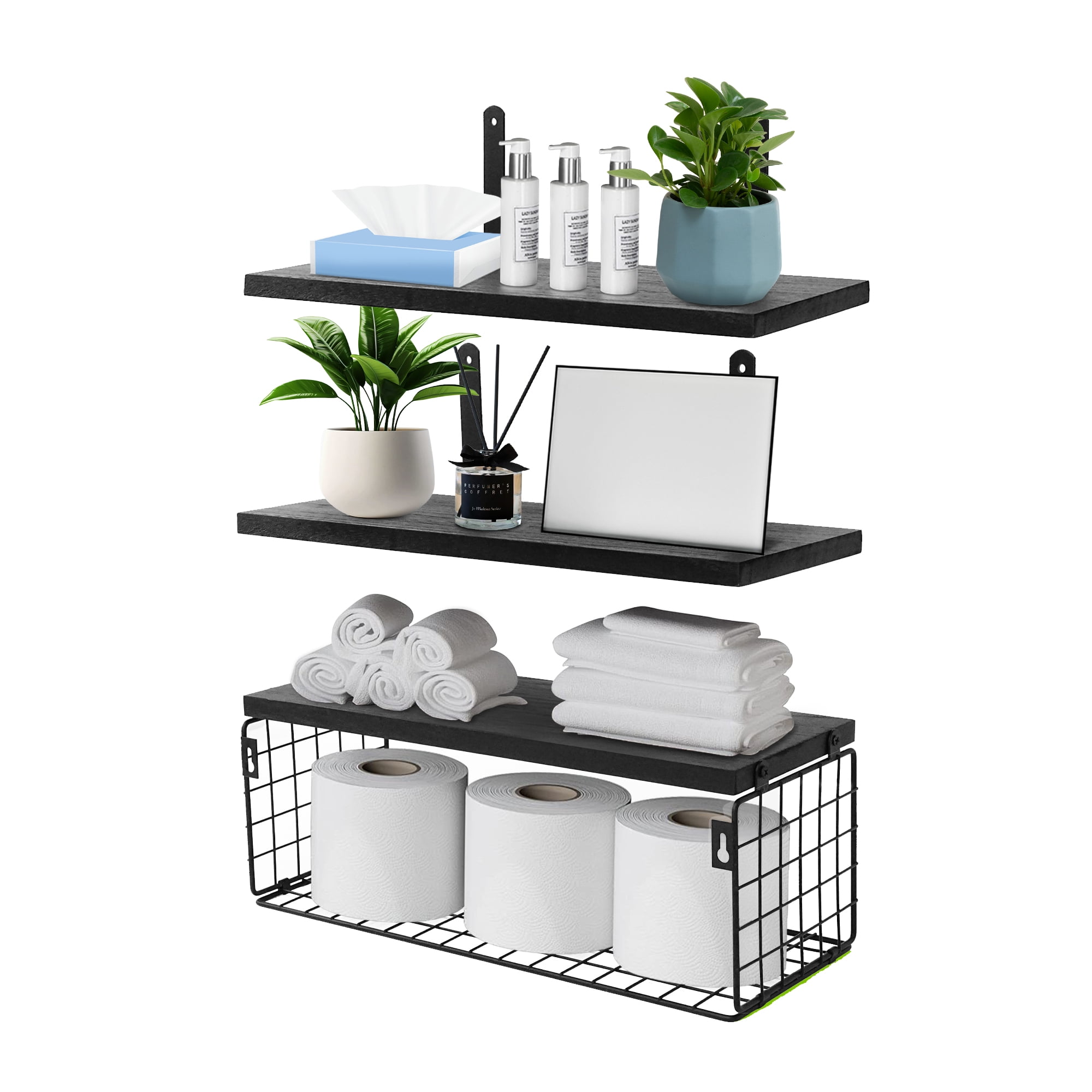Qissep 16 inch Wood Floating Shelves for Wall,for Bedroom,Bathroom,Living Room,Kitchen Storage Decor,Black, Set of 3 - Walmart.com