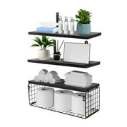 Qissep 16 inch Wood Floating Shelves for Wall,for Bedroom,Bathroom,Living Room,Kitchen Storage Decor,Black, Set of 3
