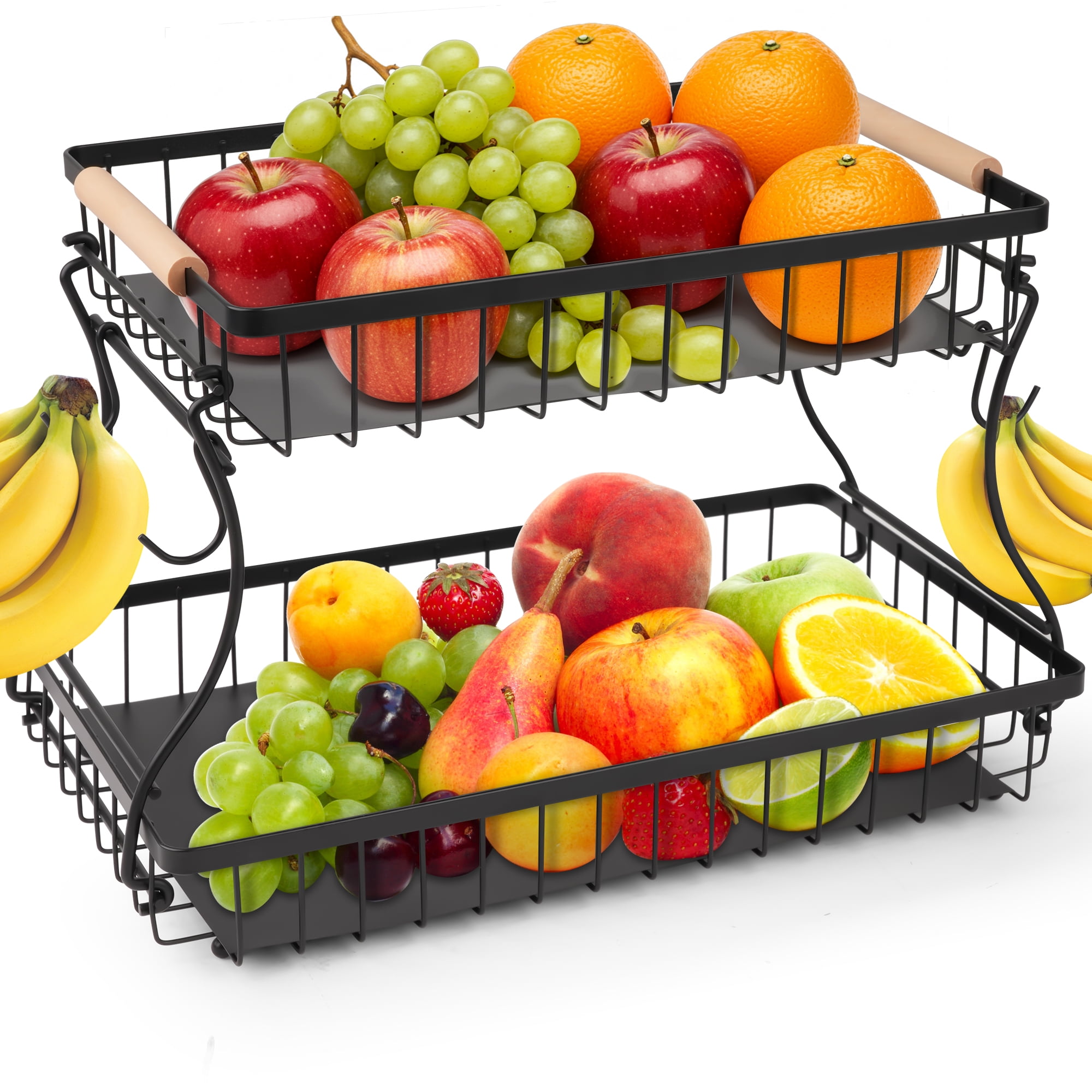 Qissep 2 Tier Fruit Basket with Hooks,Detachable Metal Fruit Vegetable Storage Basket Storage,Rectangular Stand Basket,with Wooden Handle,Black