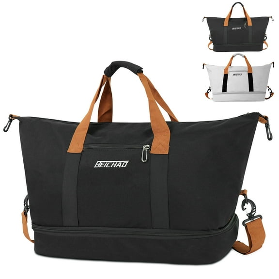 Qissep Travel Duffle Bag for Women Men,Large Foldable Weekend Overnight Bag with Shoes Compartment,with Dry Wet Separated Pocket,Waterproof & Tear Resistant,Black