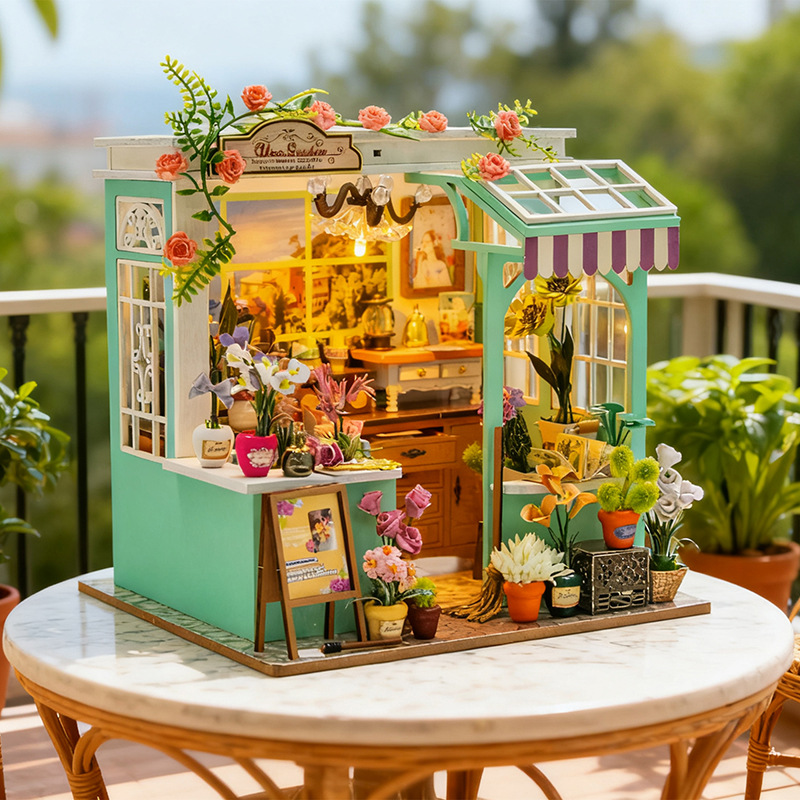Qissep DIY Miniature Kit Flower Garden, Flower Shop Theme Miniature Assembly Model Cottage, DIY Assembly Model, Handmade Creative Craft, Green,Interesting Gifts for Family, Friends,Colleague