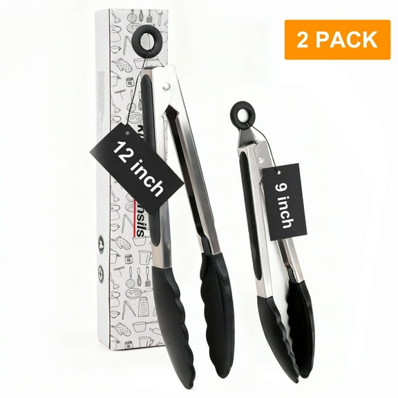 Qissep 2Pcs Kitchen Tongs for Cooking, Silicone Tongs for Cooking, Heat Resistant up to 600℉, Ideal for Kitchen Cooking, Grilling, and Baking,Set of 2-9" and 12",Black