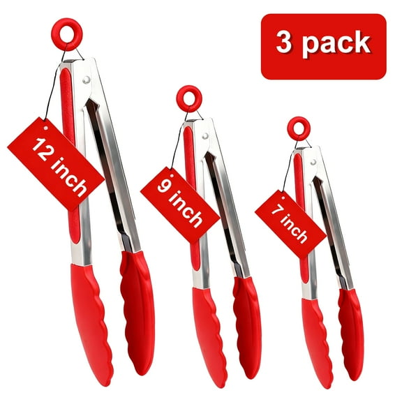 Qissep 3 Pack Kitchen Tongs for Cooking with Silicone Tips Stainless Steel Tongs,Non-Slip Heat Resistant 600℉ Food Tongs for Cooking,Non-Stick,Heavy Duty Stainless Steel Handle,7" 9" and 12"