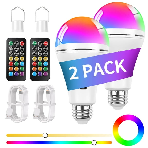 Rechargeable Light Bulbs with Remote and Timer, Battery Backup Bulb for Sconces and Lamps, Qissep 2 Pack Dimmable Detachable Bulb,12 Color Temperatures for Home,Camping,Hiking