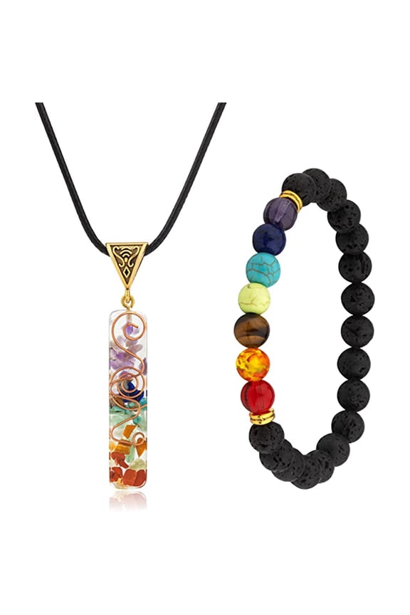 2x 7 Chakra Necklace & Chakra Bracelet Jewelry Set with Spiritual for Women Men for Healing for Protection Positive Ener
