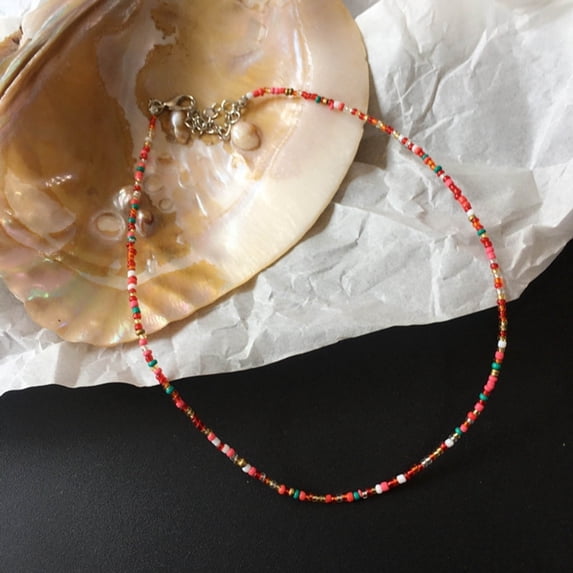 Qisuw Women Colorful Beaded Necklace Adjustable Clavicle Chain Bohemian Beads Choker