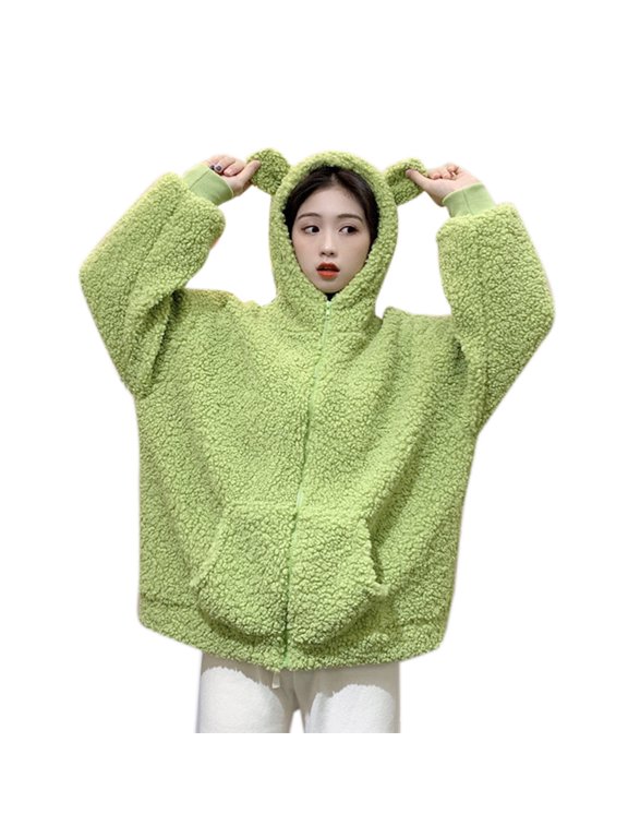 Women Winter Cute for Frog Eyes Hoodie for Jacket Long Sleeve Faux Wool Shaggy Oversized Coat Harajuku Fuzzy Plush Warm Zip Up Outwear with Pockets