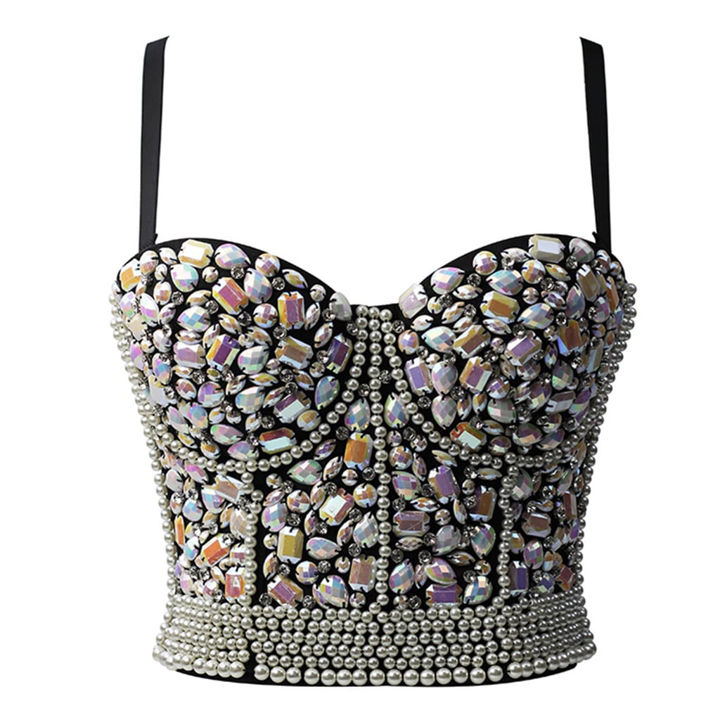 Qisuw Womens Colorful for Rhinestone Push Up Bra Bustier Pearl Beaded Underwire Camisole Punk