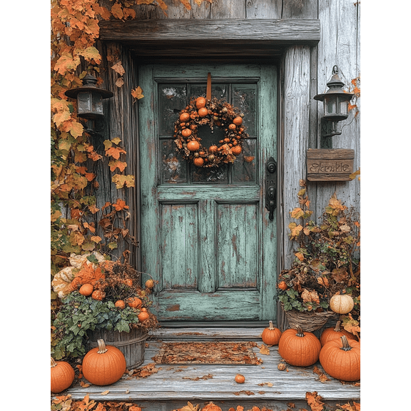 Qisvanset 12x16 Inch Framed Canvas Wall Art Autumn Pumpkin Wreath Doorstep Cozy Seasonal Rustic Wall Art