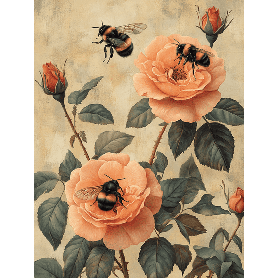 Qisvanset 12x16 Inch Framed Canvas Wall Art Bumblebee Vintage Rose Cottagecore Botanical Rustic Wall Decor