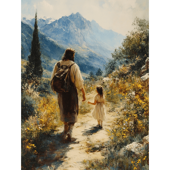 Qisvanset 12x16 Inch Framed Canvas Wall Art Jesus And Girl Mountain Scenery Faith Presence Home Wall Decor