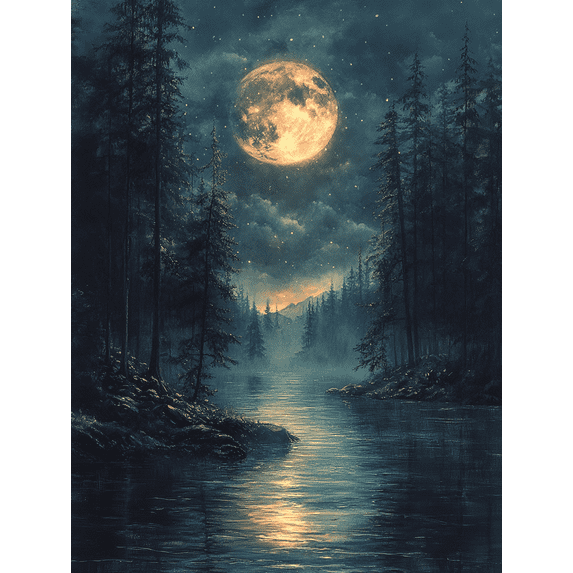 Qisvanset 12x16 Inch Framed Canvas Wall Art Moonlit Forest Stream Tranquil Relaxing Nature Home Decor