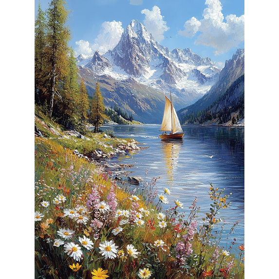 Qisvanset 12x16 Inch Framed Canvas Wall Art Mountain Lake Sailboat Wildflower Calming Nature Wall Art