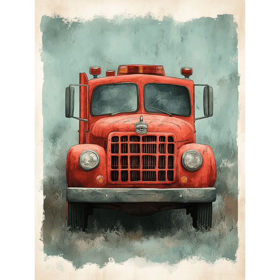 Qisvanset 12x16 Inch Framed Canvas Wall Art Sage Green Fire Truck Vehicle Boys Kids Nursery Wall Print Set