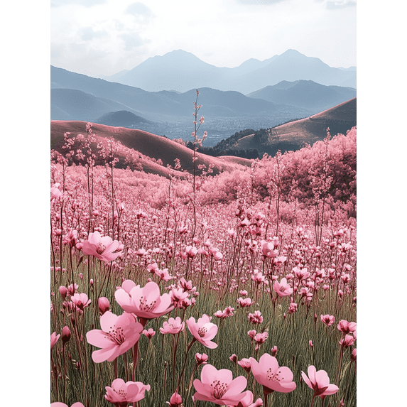 Qisvanset 12x16 Inch Framed Canvas Wall Art Spring Cherry Blossom Meadow Pastel Mountain Nature Wall Art