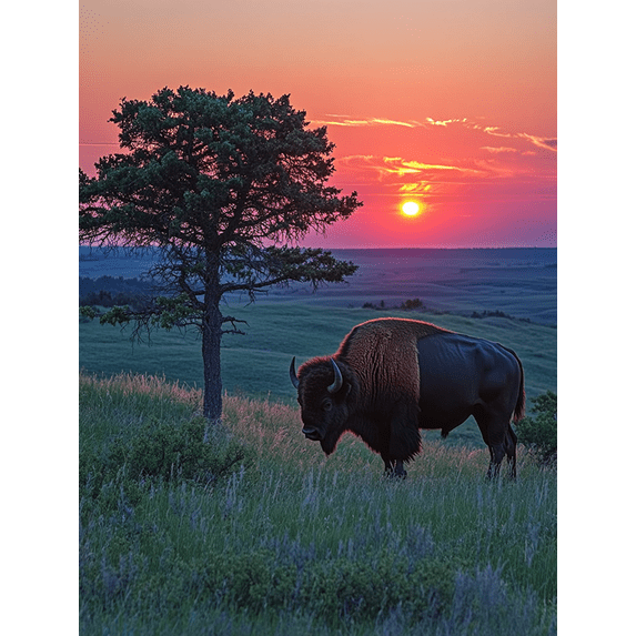 Qisvanset 12x16 Inch Framed Canvas Wall Art Sunset Tree Side American Bison Landscape Home Canvas Wall Art