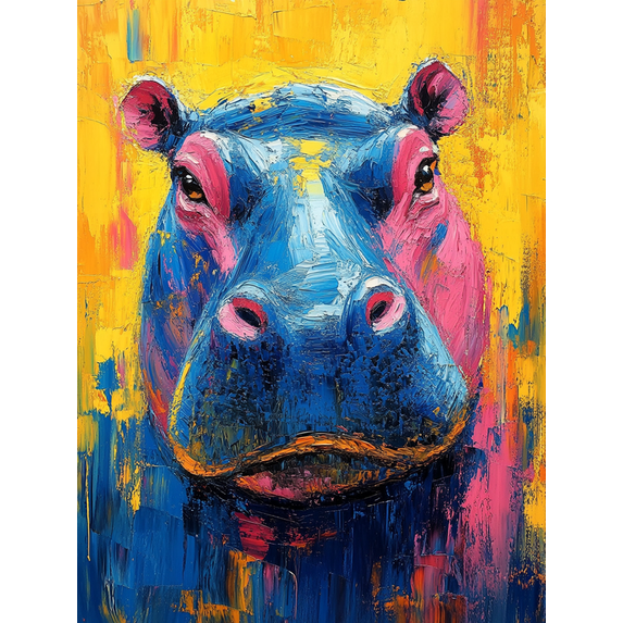 Qisvanset 12x16 Inch Framed Canvas Wall Art Vibrant Abstract Hippo Modern Expressive Animal Living Room Decor