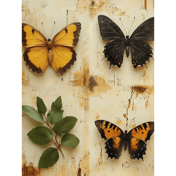 Qisvanset 12x16 Inch Framed Canvas Wall Art Vintage Botanical Butterfly Green Leaf Rustic Farmhouse Wall Decor Set