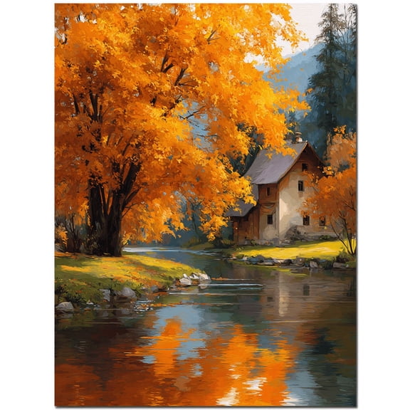 Qisvanset Autumn House by River Canvas Wall Art 15.75x11.81 Inches