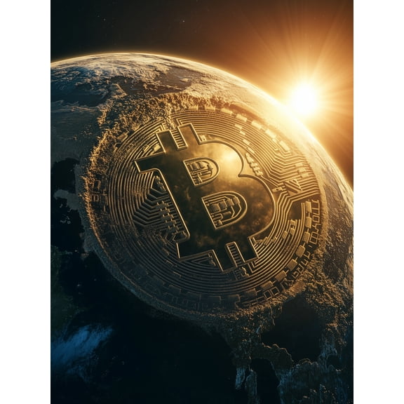 Qisvanset Bitcoin on Earth Canvas Wall Art, 15.75x11.81 Inch, Crypto Currency Art for Office, Man Cave, Tech Enthusiast Decor