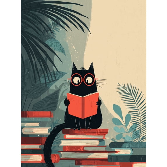 Qisvanset Black Cat Reading Book Canvas Print 15.75x11.81 Inches