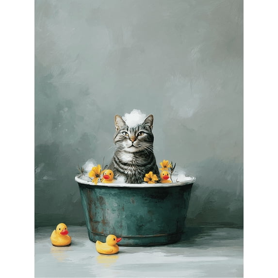 Qisvanset Cute Cat Bathing Canvas Wall Art 15.75x11.81 INCHES