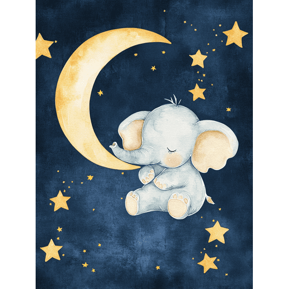 Qisvanset Cute Elephant Moon & Stars Canvas Wall Art, 40x30cm for Living Room Playroom