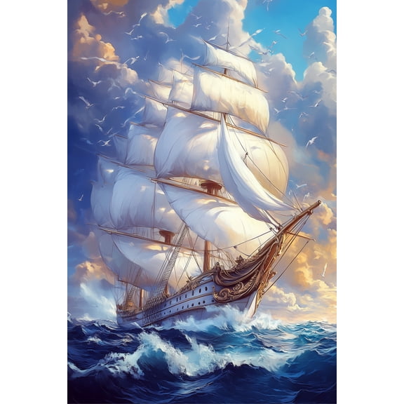 Qisvanset Epic Tall Ship on Stormy Seas Canvas Wall Art, 15.75x11.81 Inch, Fantasy Nautical Print for Adventure Themed Home Decor