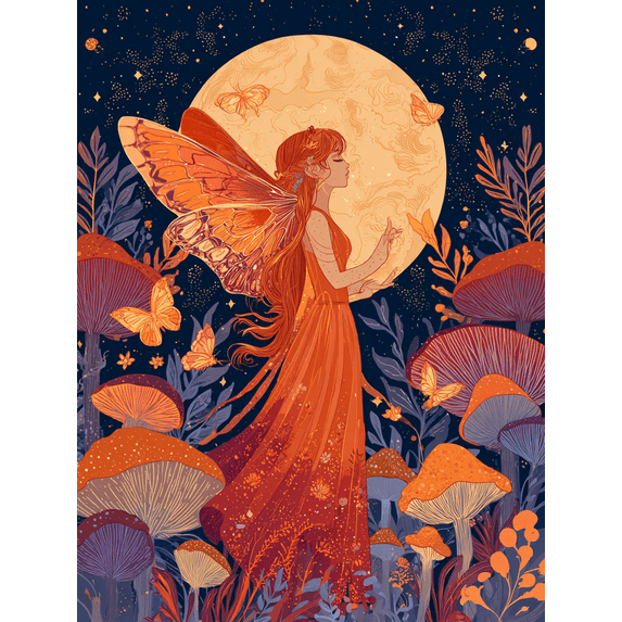 Qisvanset Fairy Mushroom Celestial Butterfly Moon Canvas Wall Art 15.75x11.81 INCHES