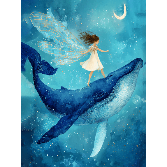 Qisvanset Fairy Riding Whale Canvas Wall Art 15.75x11.81 Inches