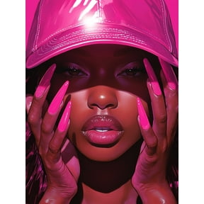 Qisvanset Fashion Woman with Pink Cap and Nails Canvas Wall Art, 15.75x11.81 Inch, Bold Modern Portrait for Vanity, Bedroom, Boutique Decor