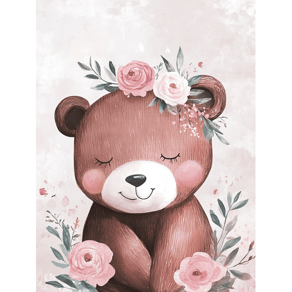 Qisvanset Floral Bear Canvas Wall Art, 40x30cm for Bedroom Nursery Bathroom