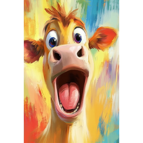 Qisvanset Funny Cartoon Cow Canvas Wall Art, 15.75x11.81 Inch, Colorful Impasto Painting for Kids Room, Kitchen, Farmhouse Decor