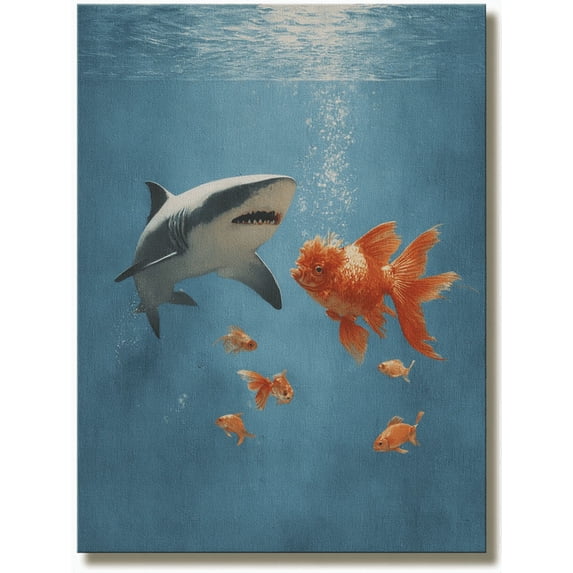 Qisvanset Funny Shark and Goldfish Canvas Wall Art 15.75x11.81 Inches