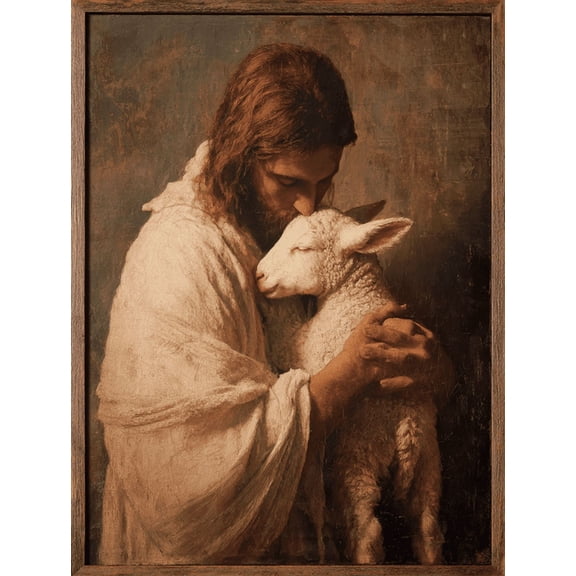Qisvanset Jesus Christ Embracing Lamb Religious Canvas Wall Art 15.75x11.81 Inches
