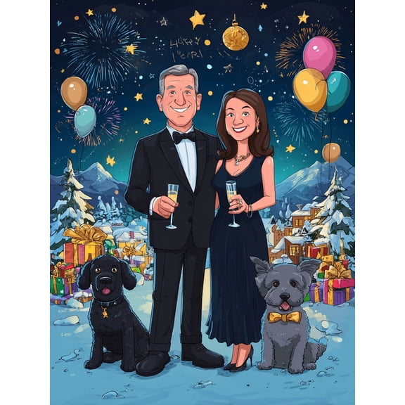 Qisvanset New Year Couple With Dogs Canvas Wall Art 15.75x11.81 Inches